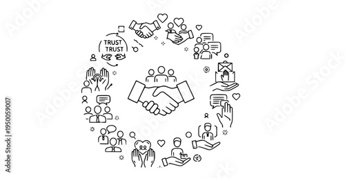 Friendship love trust line icons handshake teamwork social responsibility vector set