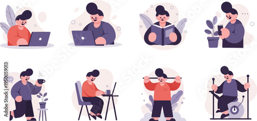 Flat illustrations of people engaged in various daily activities (1)