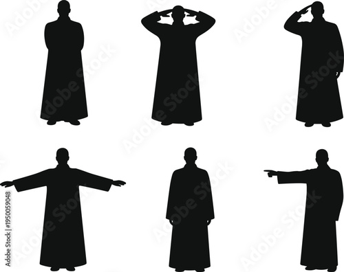 Muslim man praying silhouette collection, Islamic prayer poses, religious worship gesture, faith believer black silhouette vector illustration set