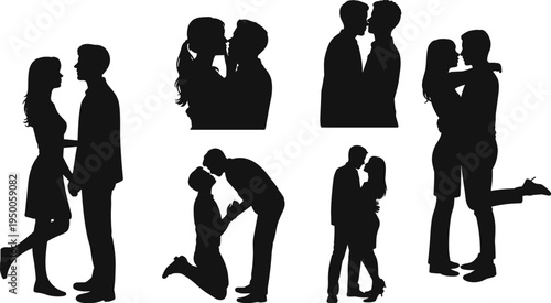 Romantic couple silhouettes collection, kissing lovers poses, man and woman relationship moments, love romance black silhouette vector illustration set