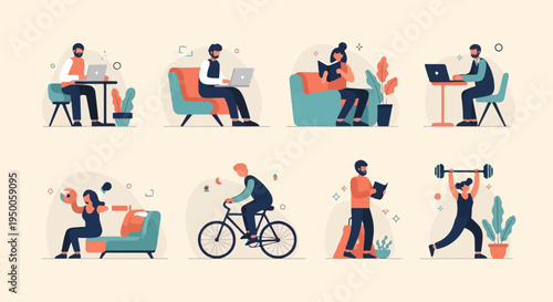 Flat illustrations of people engaging in various daily activities (1)