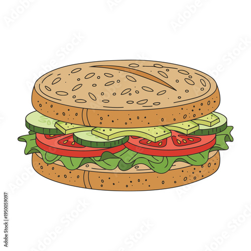 A detailed illustration of a fresh vegetable sandwich served on toasted whole grain seeded bread