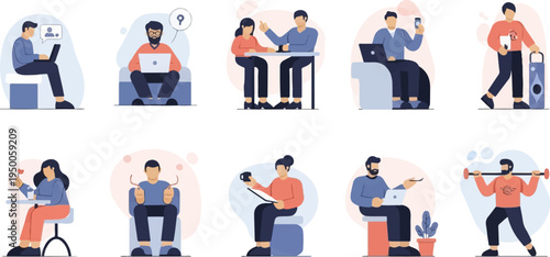 Flat illustration of people engaging in various work and leisure activities