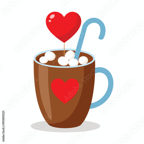A festive brown mug filled with hot chocolate featuring a heart topper and a blue candy cane straw
