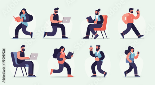 Flat illustration of people reading, working, and walking