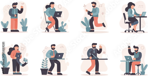 Flat illustration of people working, drinking coffee, and using technology