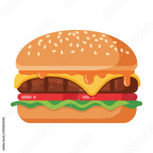A delicious looking cartoon cheeseburger with a sesame seed bun and fresh green lettuce filling