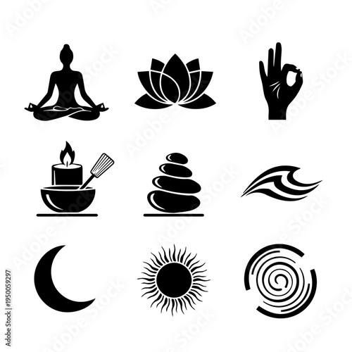 Set of nine monochrome icons for yoga and meditation practice