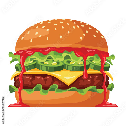 A delicious cheeseburger with fresh lettuce sliced jalapeno peppers and dripping red ketchup sauce