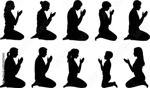 Praying people silhouette collection, men women kneeling prayer poses, spiritual worship, religious devotion, meditation faith concept black vector illustration
