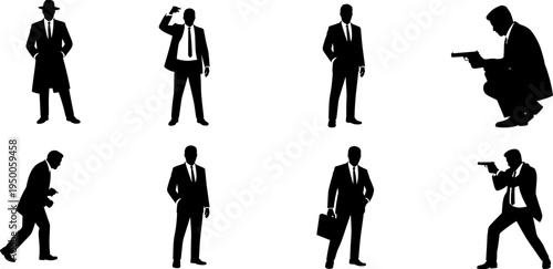 Secret agent spy silhouettes collection, detective and businessman poses with gun, investigation action characters black silhouette vector illustration set