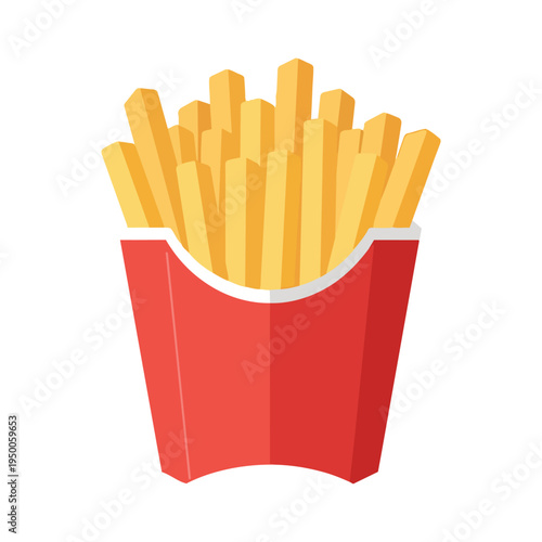 A vibrant and simple flat vector illustration of crispy golden french fries in a red paper carton