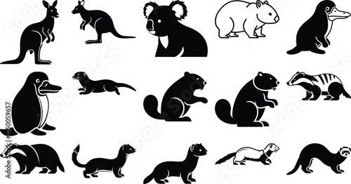 Collection of animal silhouettes on white background  various wildlife icons