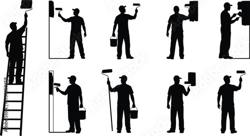 House painter silhouettes set, workers painting wall with roller and ladder, renovation repair service vector illustration collection