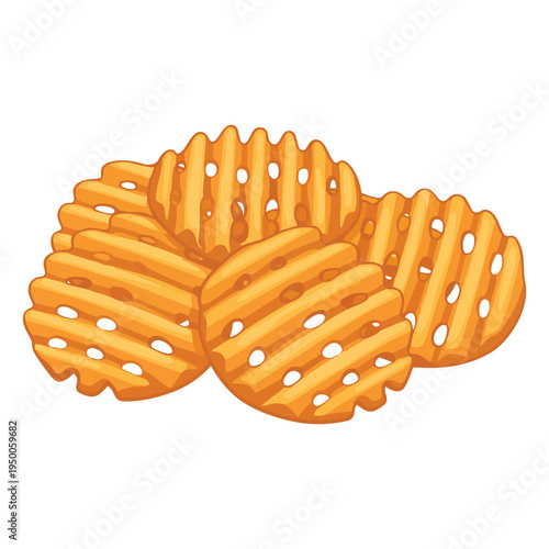 A pile of crispy waffle potato chips featuring a golden brown texture on a clean white background