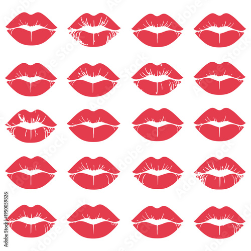 A collection of red lips arranged in a grid pattern isolated against a plain white background
