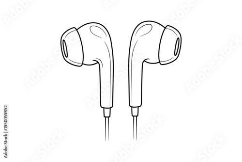 A detailed illustration of a pair of wired earbuds with curved design and cables, perfect for music and phone calls.