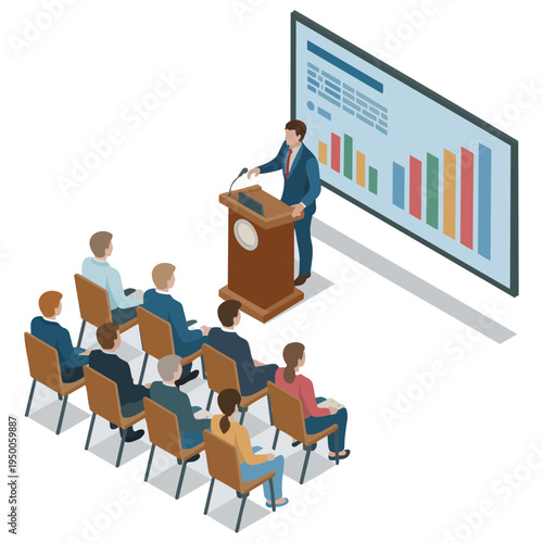 A male professional standing at a podium delivering an informative business presentation to audience