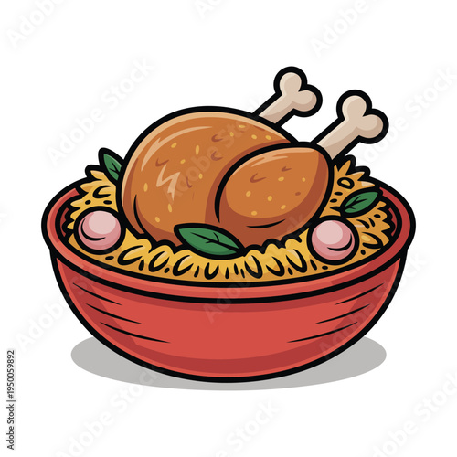 A vibrant cartoon illustration of a roasted chicken served in a round bowl with rice and herbs