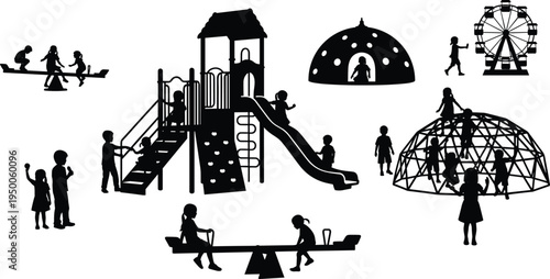 Kids playground silhouettes with slide climbing dome ferris wheel seesaw children playing park recreation activity vector illustration set