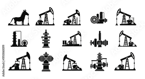 Silhouetted Oil Well Pumps and Related Equipment Illustrations.
