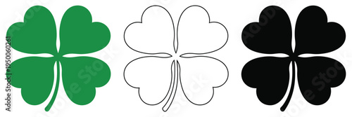 Clover Leaf Symbols Vector featuring three-leaf shamrock, green outline, and black silhouette, including lucky four-leaf clover for St. Patrick’s Day, nature, and decorative design.