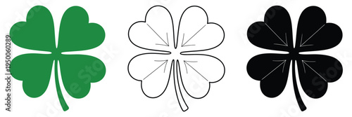 Clover Leaf Symbols Vector featuring three-leaf shamrock, green outline, and black silhouette, including lucky four-leaf clover for St. Patrick’s Day, nature, and decorative design.