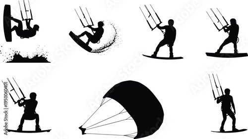 Kitesurfing silhouettes set, kiteboard surfer riding waves extreme water sport adventure ocean action vector illustration collection