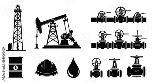 Oil and Gas Industry Icons - Tower, Pump, Valves, Barrel, Helmet, Drop.