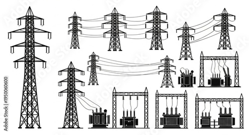 Detailed Black and White Illustration of Electrical Transmission Towers and Substations.