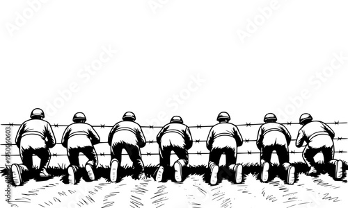 Black and white sketch illustration of soldiers kneeling in a row from behind, depicting war, military formation, and combat troops in a dramatic hand-drawn style