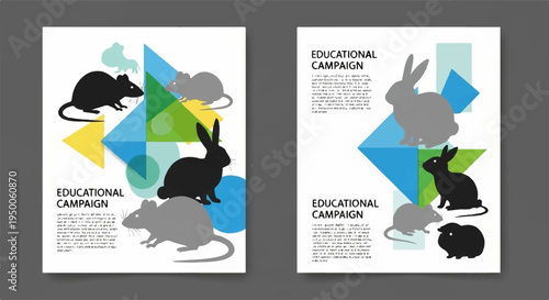 Educational campaign posters with mice and rabbits on geometric background
