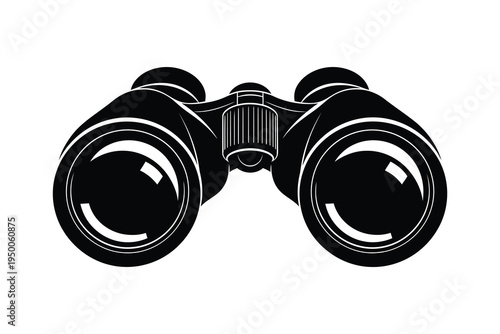 A detailed illustration of a pair of black binoculars with white outlines, viewed from the front, on a plain white background, perfect for observation and exploration themes.