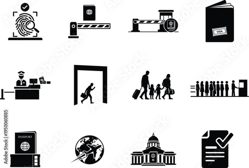 Airport security and travel fingerprint scan, passport control, family traveling, immigration queue, passport with airplane silhouette icons set