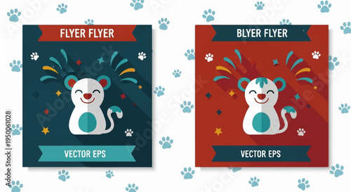 Colorful flyer templates with cartoon lion and confetti on dark blue and red backgrounds for party invitations