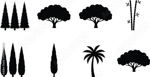 Collection of tree silhouettes isolated on white background, vector set including pine, bamboo, palm and garden trees for landscape design illustration