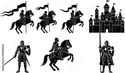 Medieval knight silhouettes collection, armored warriors on horseback with castle, fantasy medieval army illustration isolated on white background