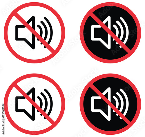 No, sound icon set with volume off and no sound symbols, representing silent mode, audio restriction, and noise control, clean modern flat vector design