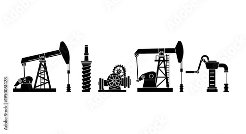 Silhouette of Oil Pumps and Industrial Equipment for Petroleum Extraction.