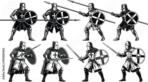 Medieval knight warrior poses set, armored soldiers with swords shields and spears, historical fantasy 