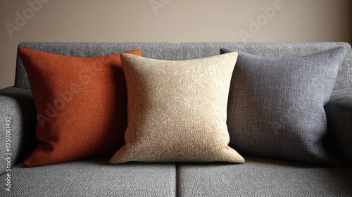several multicolor cushions in row on grey cozy sofa in scandinavian interior, hygge concept
