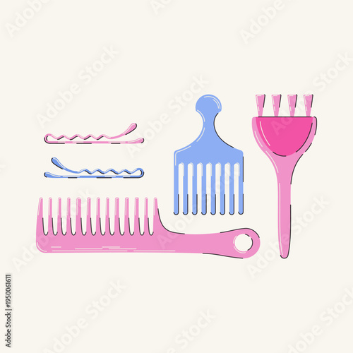 Flat Line Illustration of Professional Hair Styling Tools: Combs, Tint Brush, and Hairpins Accessory Set