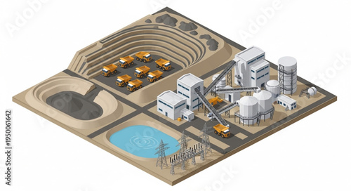 Industrial mining complex with open pit mine and processing plant.