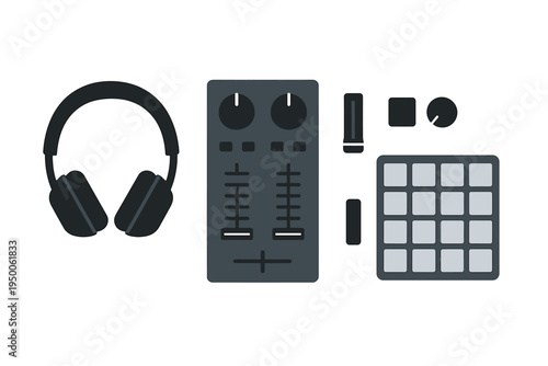 DJ equipment set featuring headphones, mixer, and pad controller for music production
