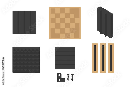 Collection of various shapes and textures of wooden and black materials suitable for crafting and design projects