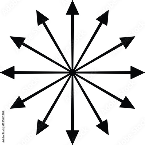 Radial arrows direction icon, multiple arrows pointing outward from center symbol, navigation expansion strategy concept vector illustration design