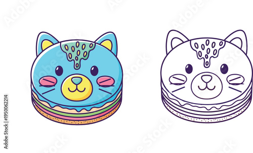 Cute kawaii cat shaped macaron pastry colorful illustration alongside a black and white line art outline version for kids coloring books.