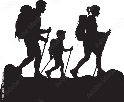 Family Hiking on Mountain Silhouette white background