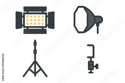 Lighting equipment used for professional photography during an indoor studio shoot at dusk, showcasing modern tools for enhancing image quality