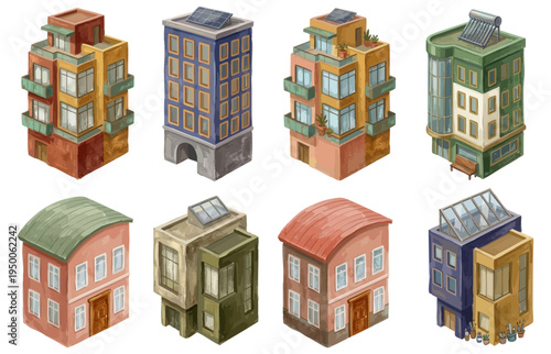 Set of isometric city buildings, modern office architecture illustrations for urban planning, web design. Hand-painted house icons, sustainable city building set with solar panels, green roofs